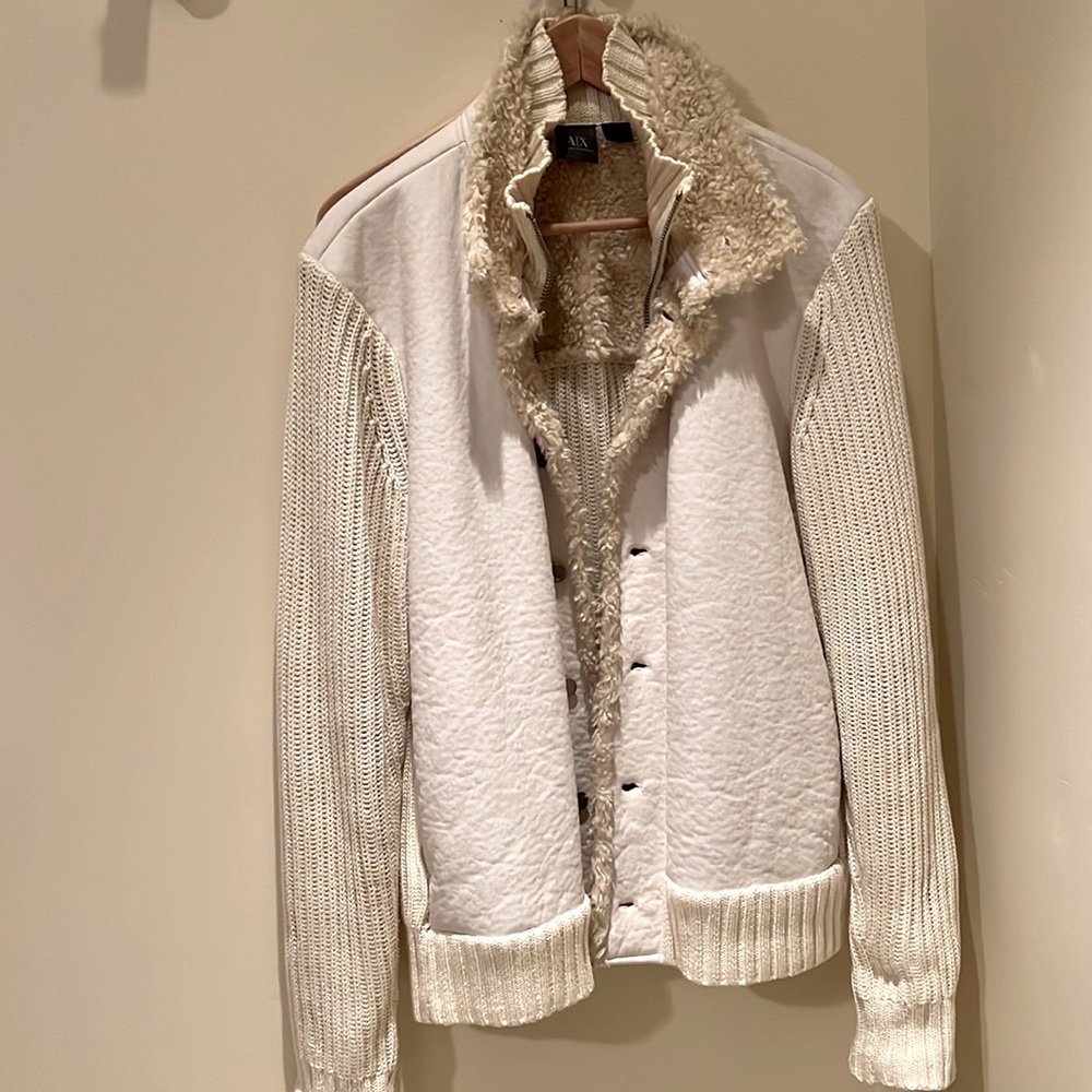 Armani Exchange A|X white cream suede and Sherpa zip and button sweater jacket.